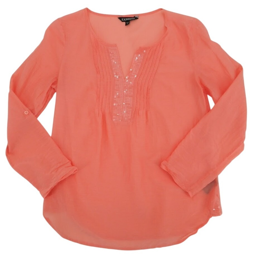Express Women's Coral Sequined Roll-Tab Sleeveβ Silk Cotton Shirt Size XS